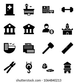 Solid vector icon set - first aid room vector, airport building, hospital, barbell, bank, account, sand fort, hotel, sea, rubber hammer, level, bolt cutter, winch, constructor blocks