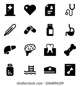 Solid vector icon set - first aid room vector, heart, patient card, stethoscope, thermometer, pills, bottle, stomach, liver, brain, tooth, broken bone, pool, doctor hat, x ray