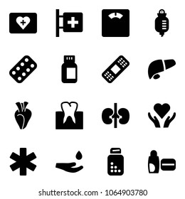 Solid vector icon set - first aid kit vector, room, floor scales, drop counter, pills blister, bottle, medical patch, liver, heart, tooth, kidneys, care, ambulance star, hand, uv cream