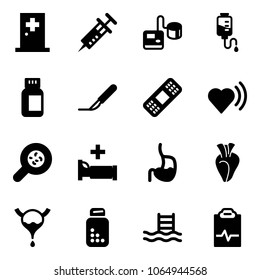 Solid vector icon set - first aid room vector, syringe, tonometer, drop counter, pills bottle, scalpel, medical patch, heart beat, bacteria, hospital bed, stomach, bladder, pool, pulse clipboard