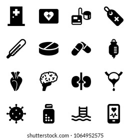 Solid vector icon set - first aid room vector, kit, tonometer, medical label, thermometer, pill, pills, drop counter, heart, brain, kidneys, bladder, virus, bottle, pool, mobile monitor