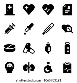 Solid vector icon set - first aid room vector, heart, pulse, patient card, syringe, pipette, thermometer, diagnosis, pill, pills, drop counter, vial, mri, kidneys, disabled, clipboard