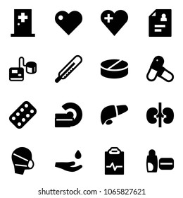 Solid vector icon set - first aid room vector, heart, patient card, tonometer, thermometer, pill, pills, blister, mri, liver, kidneys, medical mask, drop hand, pulse clipboard, uv cream