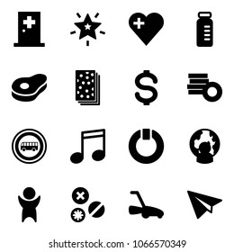 Solid vector icon set - first aid room vector, christmas star, heart, vial, meat, breads, dollar, coin, no bus road sign, music, standby, man globe, success, rivet, lawn mower, paper plane