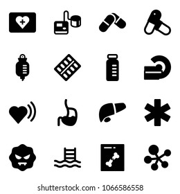 Solid vector icon set - first aid kit vector, tonometer, pills, drop counter, blister, vial, mri, heart beat, stomach, liver, ambulance star, virus, pool, x ray, molecule