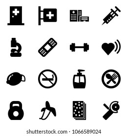 Solid vector icon set - first aid room vector, hospital building, syringe, lab, medical patch, barbell, heart beat, lemon, no smoking sign, liquid soap, fork spoon plate, weight, banana, breads