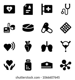 Solid vector icon set - first aid kit vector, patient card, room, stethoscope, tonometer, pill, pills, blister, heart beat, lungs, bladder, care, bottle, doctor hat, molecule