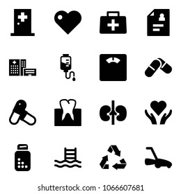 Solid vector icon set - first aid room vector, heart, doctor bag, patient card, hospital building, drop counter, floor scales, pills, tooth, kidneys, care, bottle, pool, recycling, lawn mower