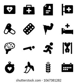Solid vector icon set - first aid kit vector, doctor bag, patient card, room, pills, blister, power hand, hospital bed, brain, push ups, run, pull, stopwatch heart, banana, spica, schedule