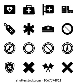 Solid vector icon set - first aid kit vector, doctor bag, room, hospital building, medical label, ambulance star, hat, prohibition road sign, no parkin odd, pedestrian, shield cross, delete, flags