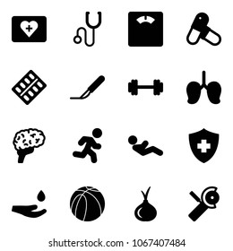 Solid vector icon set - first aid kit vector, stethoscope, floor scales, pills, blister, scalpel, barbell, lungs, brain, run, abdominal muscles, drop hand, basketball ball, onion, Angular grinder