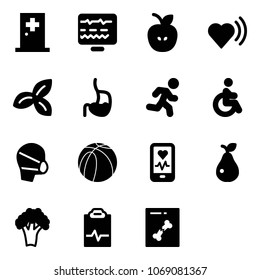 Solid vector icon set - first aid room vector, diagnostic monitor, apple, heart beat, three leafs, stomach, run, disabled, medical mask, basketball ball, mobile, pear, broccoli, pulse clipboard