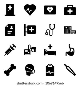 Solid vector icon set - first aid room vector, heart pulse, kit, doctor bag, patient card, stethoscope, hospital building, syringe, tonometer, bed, stomach, broken bone, medical mask, clipboard