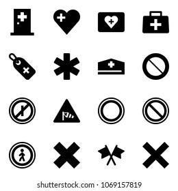 Solid vector icon set - first aid room vector, heart, kit, doctor bag, medical label, ambulance star, hat, prohibition road sign, no parkin odd, side wind, pedestrian, delete cross, flags