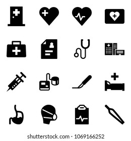 Solid vector icon set - first aid room vector, heart, pulse, kit, doctor bag, patient card, stethoscope, hospital building, syringe, tonometer, scalpel, bed, stomach, medical mask, clipboard