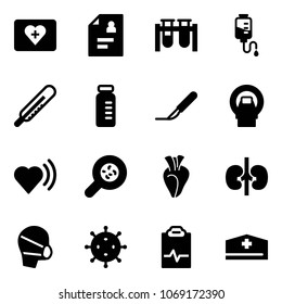 Solid vector icon set - first aid kit vector, patient card, vial, drop counter, thermometer, scalpel, mri, heart beat, bacteria, kidneys, medical mask, virus, pulse clipboard, doctor hat