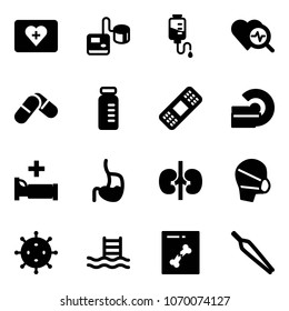Solid vector icon set - first aid kit vector, tonometer, drop counter, heart diagnosis, pills, vial, medical patch, mri, hospital bed, stomach, kidneys, mask, virus, pool, x ray, forceps
