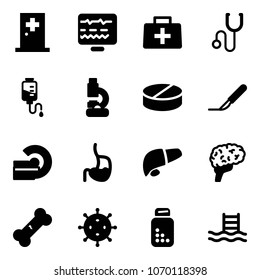 Solid vector icon set - first aid room vector, diagnostic monitor, doctor bag, stethoscope, drop counter, lab, pill, scalpel, mri, stomach, liver, brain, broken bone, virus, pills bottle, pool