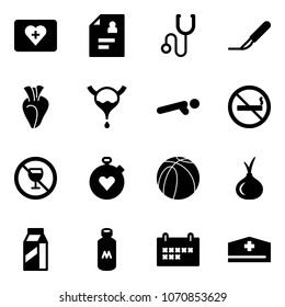 Solid vector icon set - first aid kit vector, patient card, stethoscope, scalpel, heart, bladder, push ups, no smoking sign, alcohol, stopwatch, basketball ball, onion, milk, schedule, doctor hat