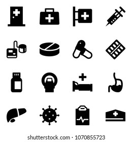 Solid vector icon set - first aid room vector, doctor bag, syringe, tonometer, pill, pills, blister, bottle, mri, hospital bed, stomach, liver, virus, pulse clipboard, hat