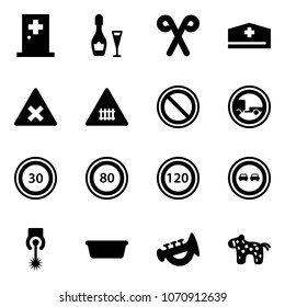 Solid vector icon set - first aid room vector, wine, santa stick, doctor hat, railway intersection road sign, prohibition, no trailer, speed limit 30, 80, 120, overtake, laser, basin, horn toy