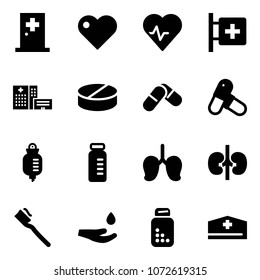 Solid vector icon set - first aid room vector, heart, pulse, hospital building, pill, pills, drop counter, vial, lungs, kidneys, tooth brush, hand, bottle, doctor hat