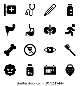 Solid vector icon set - first aid room vector, stethoscope, thermometer, vial, power hand, stomach, kidneys, run, broken bone, no alcohol sign, eye, tooth brush, virus, pills bottle, schedule