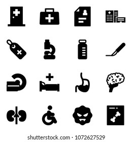 Solid vector icon set - first aid room vector, doctor bag, patient card, hospital building, medical label, lab, vial, scalpel, mri, bed, stomach, brain, kidneys, disabled, virus, x ray