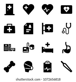 Solid vector icon set - first aid room vector, heart, pulse, kit, doctor bag, patient card, stethoscope, hospital building, tonometer, bed, stomach, broken bone, medical mask, clipboard, forceps