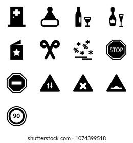 Solid vector icon set - first aid room vector, christmas hat, wine, star postcard, santa stick, sale, stop road sign, no way, oncoming traffic, railway intersection, artificial unevenness