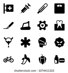 Solid vector icon set - first aid room vector, syringe, thermometer, floor scales, scalpel, treadmill, heart gear, tooth, bladder, ambulance star, medical mask, virus, bike, banana, sweet pepper