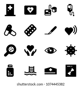 Solid vector icon set - first aid room vector, kit, tonometer, drop counter, pills, blister, scalpel, heart beat, bacteria, care, eye, virus, bottle, pool, doctor hat, x ray