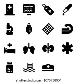 Solid vector icon set - first aid room vector, diagnostic monitor, medical label, pipette, lab, drop counter, pills blister, mri, hospital bed, lungs, kidneys, ambulance star, bottle, pool
