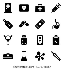 Solid vector icon set - first aid room vector, kit, doctor bag, syringe, medical label, pills, patch, stomach, bladder, bottle, mobile heart monitor, pulse clipboard, hat, flask, molecule, forceps