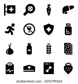 Solid vector icon set - first aid room vector, bacteria, carrot, liver, run, no alcohol sign, pills bottle, onion, milk, spica, breads, pulse clipboard, doctor hat, x ray, strawberry