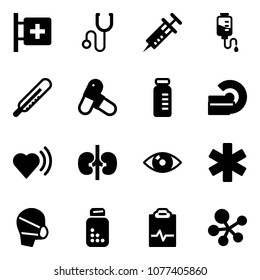 Solid vector icon set - first aid room vector, stethoscope, syringe, drop counter, thermometer, pills, vial, mri, heart beat, kidneys, eye, ambulance star, medical mask, bottle, pulse clipboard