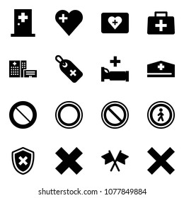 Solid vector icon set - first aid room vector, heart, kit, doctor bag, hospital building, medical label, bed, hat, prohibition road sign, no pedestrian, shield cross, delete, flags