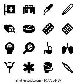 Solid vector icon set - first aid room vector, vial, pipette, thermometer, heart diagnosis, pill, pills blister, mri, bacteria, stomach, lungs, bladder, ambulance star, medical mask, forceps