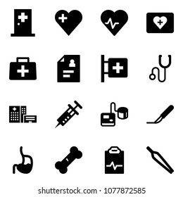Solid vector icon set - first aid room vector, heart, pulse, kit, doctor bag, patient card, stethoscope, hospital building, syringe, tonometer, scalpel, stomach, broken bone, clipboard, forceps