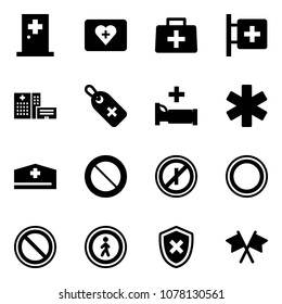 Solid vector icon set - first aid room vector, kit, doctor bag, hospital building, medical label, bed, ambulance star, hat, prohibition road sign, no parkin odd, pedestrian, shield cross, flags