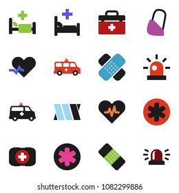 solid vector icon set - first aid kit vector, doctor bag, ambulance star, heart pulse, patch, hospital bed, ambulance car, bandage, siren