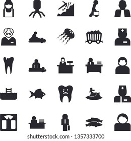 Solid vector icon set - fish flat vector, mining, person, physician, virus, massage, nurse, caries, office worker, businessman, scientist, weighing machine, surfing fector, pool, reception desk