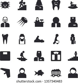 Solid vector icon set - fish flat vector, mining, person, physician, virus, massage, nurse, caries, businessman, career ladder, scientist, weighing machine, hike fector, hang glider, surfing, user