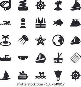 Solid vector icon set - fish flat vector, sashimi, lighthouse, sailboat, swimming, pool, earth fector, sea beach, island, mask, flippers, starfish, aquapark, steering wheel, life vest, cruise ship