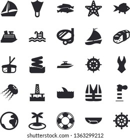Solid vector icon set - fish flat vector, sashimi, oil production platform, lighthouse, sailboat, swimsuit, pool, earth fector, sea beach, island, swimming mask, flippers, starfish, aquapark, shark