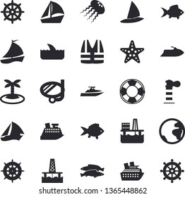 Solid vector icon set - fish flat vector, oil production platform, lighthouse, sailboat, earth fector, island, swimming mask, starfish, steering wheel, life vest, water scooter, lifebuoy, shark