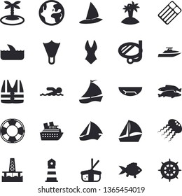 Solid vector icon set - fish flat vector, sashimi, oil production platform, lighthouse, sailboat, swimsuit, swimming, earth fector, sea beach, island, mask, flippers, life vest, lifebuoy, shark