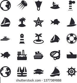 Solid vector icon set - fish flat vector, oil production platform, lighthouse, sailboat, earth fector, island, surfing, swimming mask, flippers, starfish, life vest, lifebuoy, cruise ship, shark