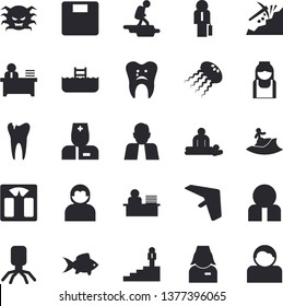 Solid vector icon set - fish flat vector, mining, person, physician, virus, massage, nurse, caries, office worker, businessman, career ladder, weighing machine, hike fector, hang glider, surfing