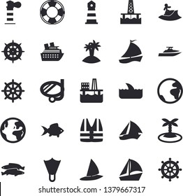 Solid vector icon set - fish flat vector, oil production platform, lighthouse, sailboat, earth fector, island, surfing, swimming mask, flippers, steering wheel, life vest, lifebuoy, cruise ship